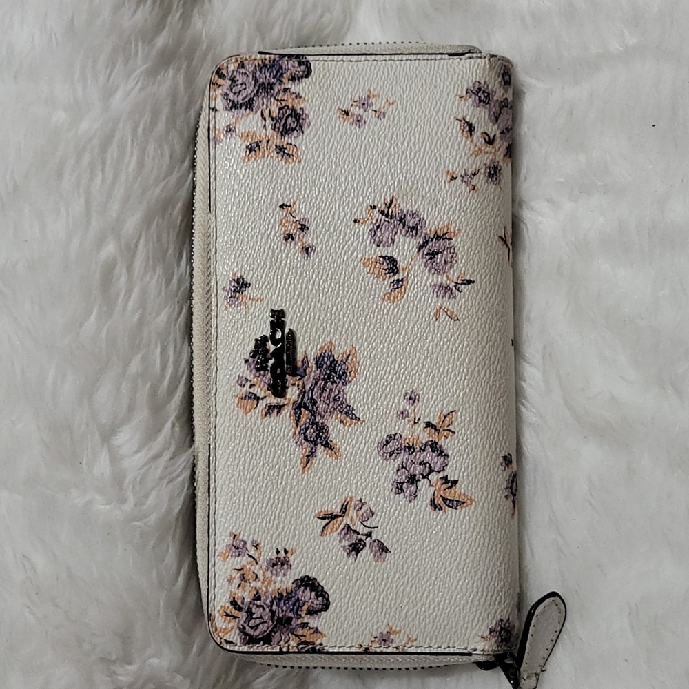 Coach White Floral Zip Wallet with Purple and Tan Accents